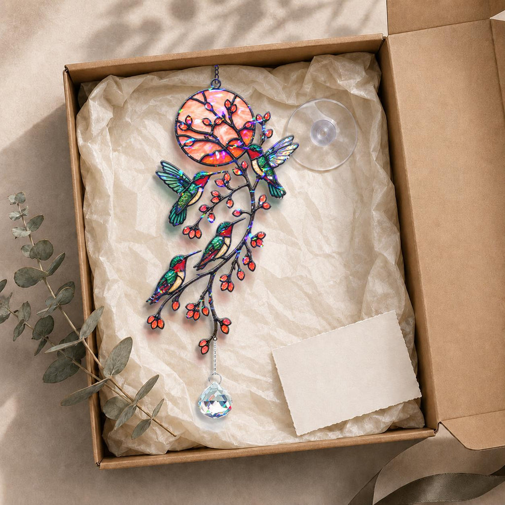 Hummingbird holographic acrylic suncatcher in gift box packaging with hanging accessories