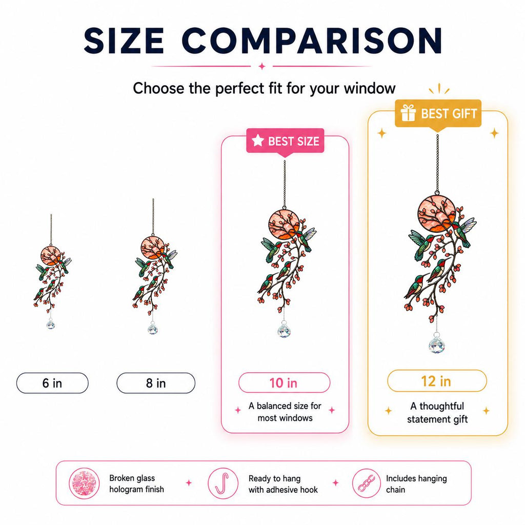 Size comparison chart for hummingbird holographic acrylic suncatcher in 6 8 10 and 12 inch sizes