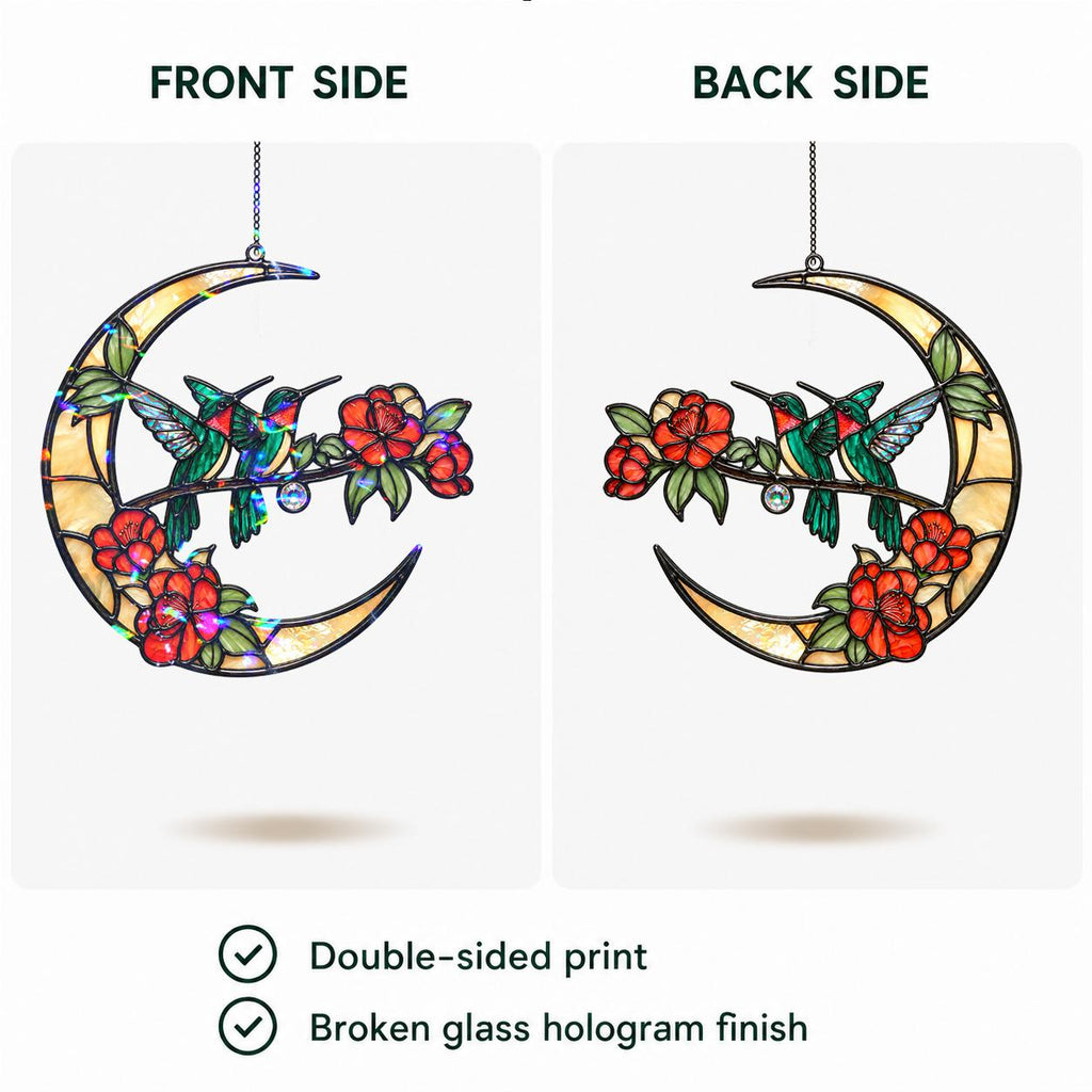 Front and back view of double-sided hummingbird crescent moon holographic acrylic suncatcher