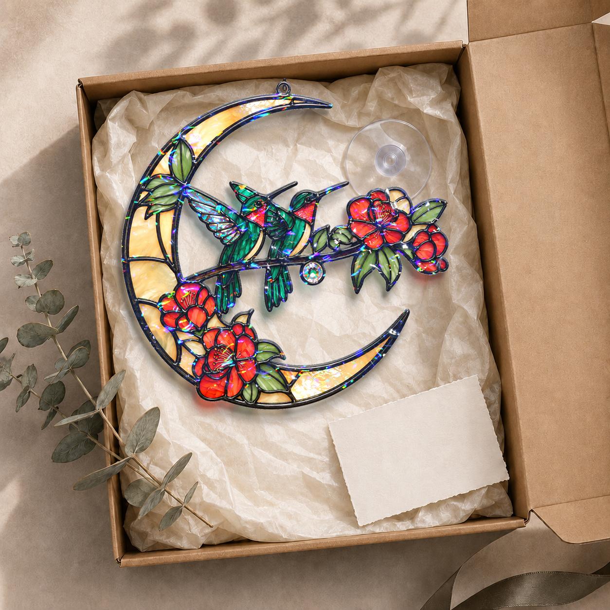 Hummingbird crescent moon holographic acrylic suncatcher gift box