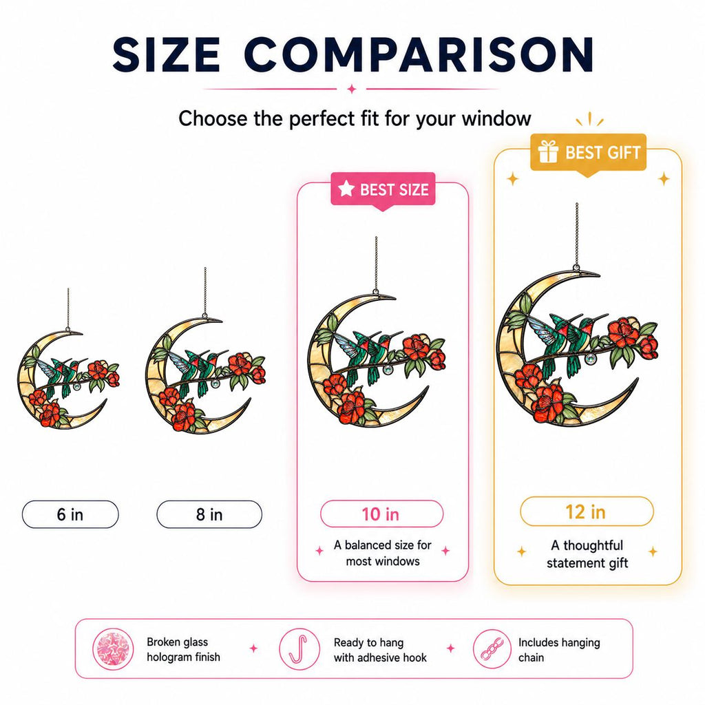 Size comparison chart for decorative moon-shaped items with floral designs.