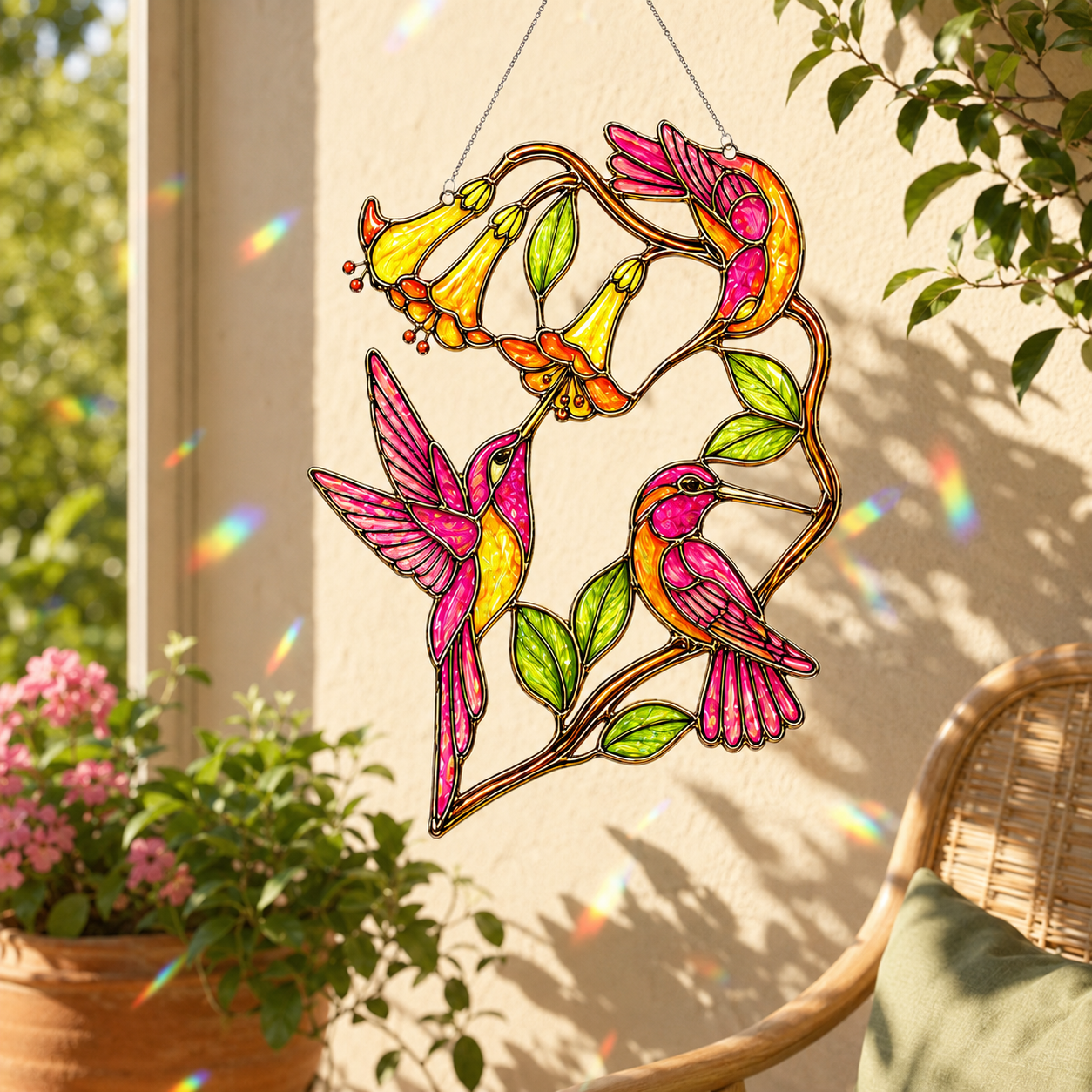 Colorful stained glass hummingbird and flower design hanging on a wall with plants and a chair in the background.