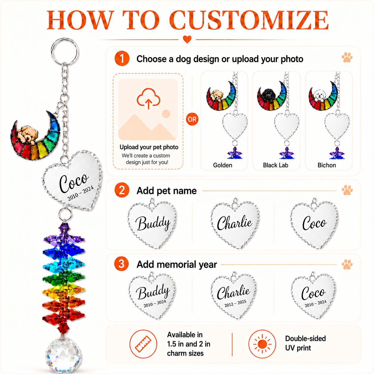 Instructions on how to customize a pet memorial keychain with designs, names, and years.