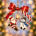 Santa and Snowman on a Candy Cane Bow Holographic Acrylic Suncatcher