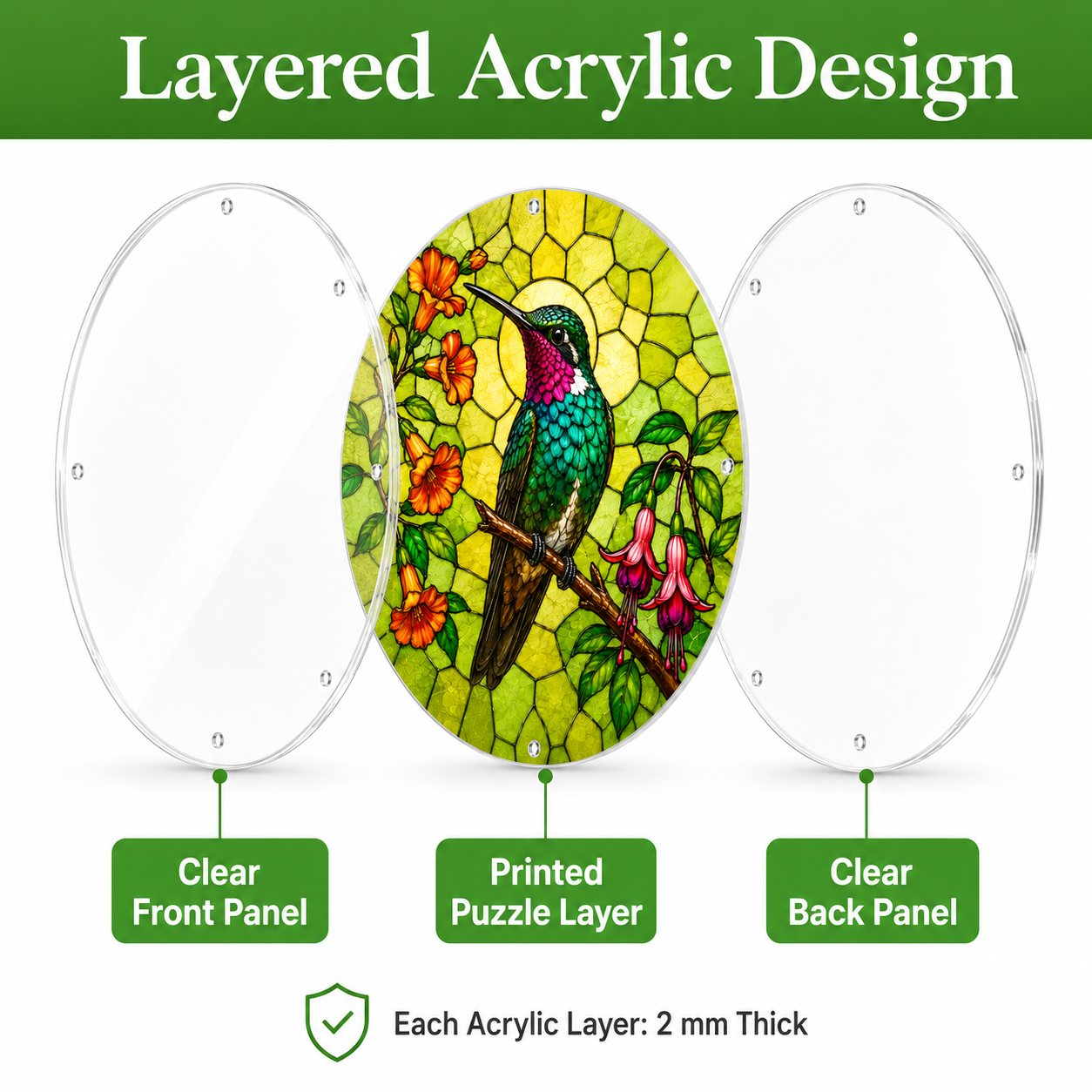 Acrylic design with a bird and floral pattern, labeled as 'Layered Acrylic Design' with clear front and back panels.