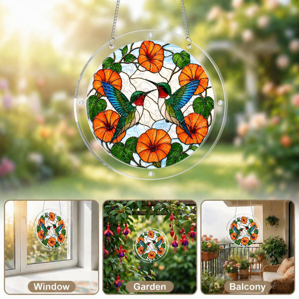 Collage of crane floral acrylic puzzle suncatcher displayed in bright sunny window settings