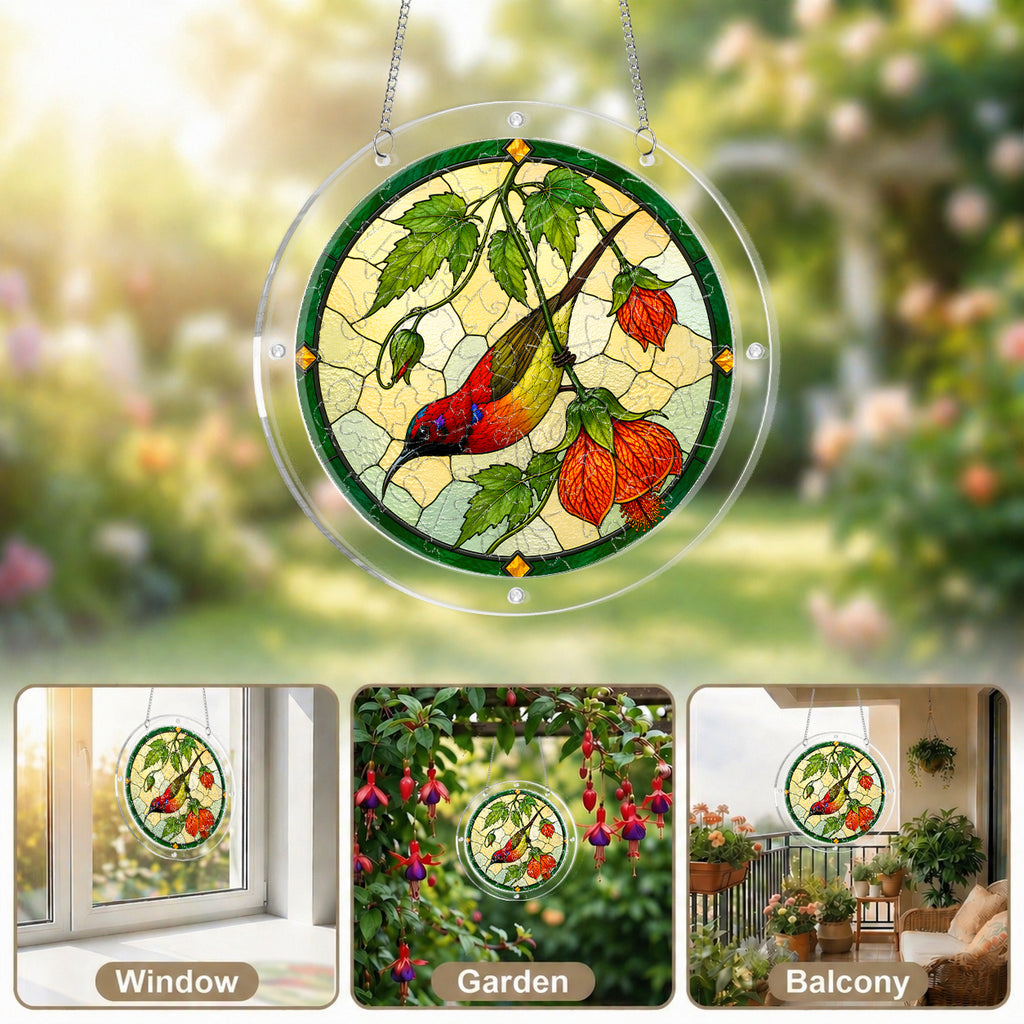 Collage of a red songbird autumn acrylic puzzle suncatcher displayed in bright sunny window settings