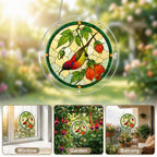 Collage of a red songbird autumn acrylic puzzle suncatcher displayed in bright sunny window settings
