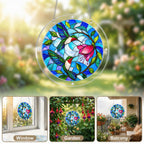 Collage of a hummingbird floral acrylic puzzle suncatcher displayed in bright sunny window settings