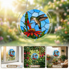 Hummingbird tropical flower acrylic puzzle suncatcher displayed in multiple bright window settings