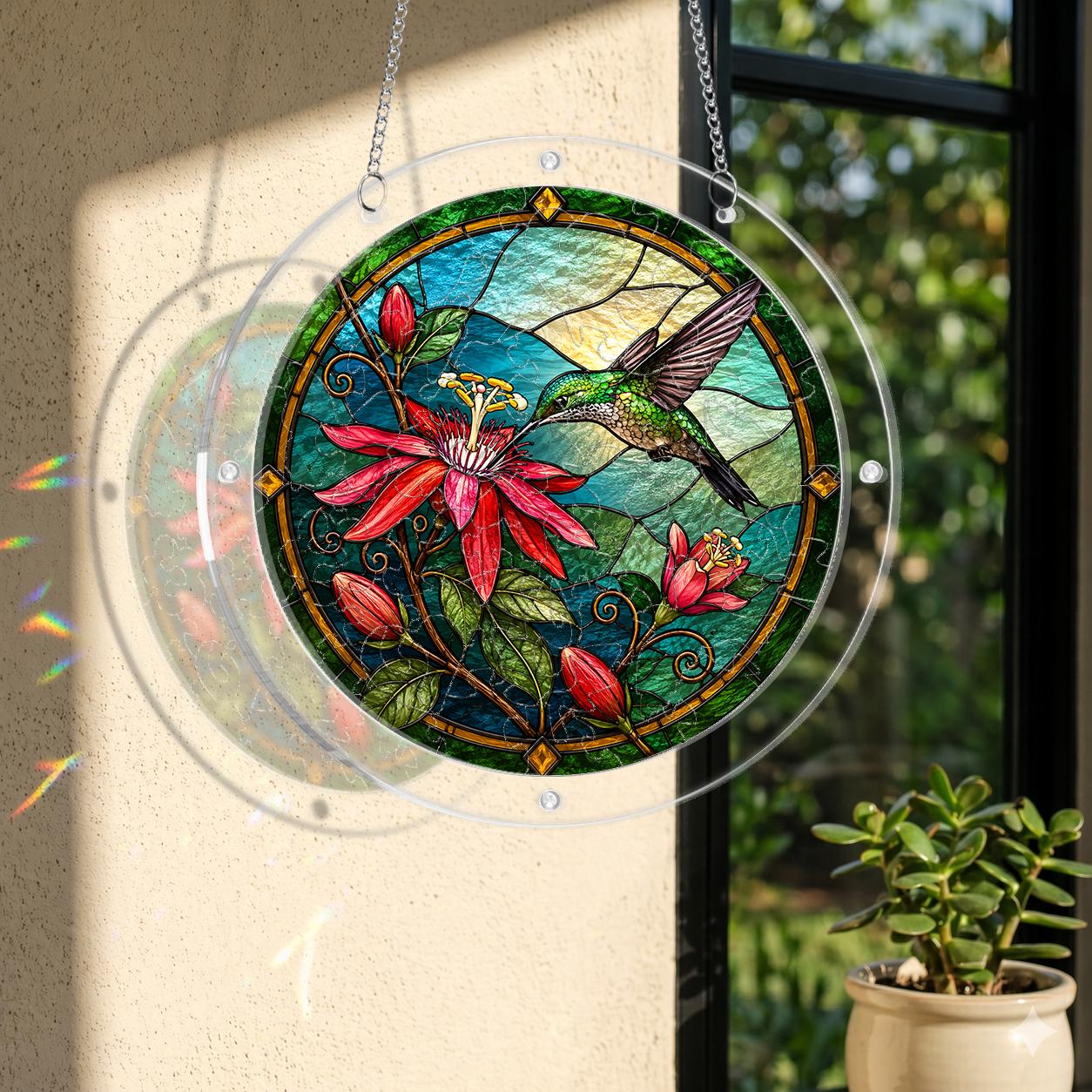 Round stained-glass-style hummingbird and crimson flower puzzle suncatcher displayed in natural window light