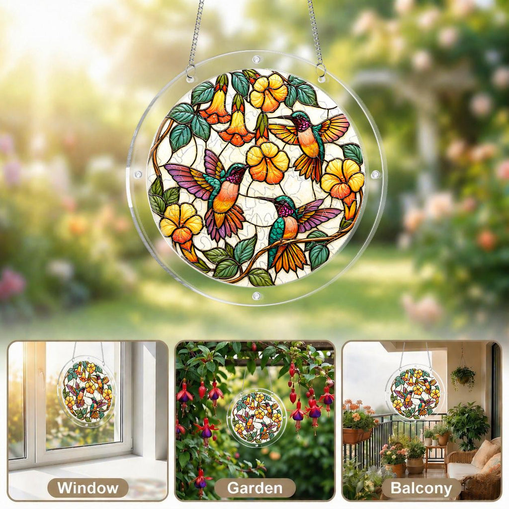 Collage of hummingbird floral acrylic puzzle suncatcher displayed in bright window settings