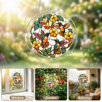 Collage of hummingbird floral acrylic puzzle suncatcher displayed in bright window settings