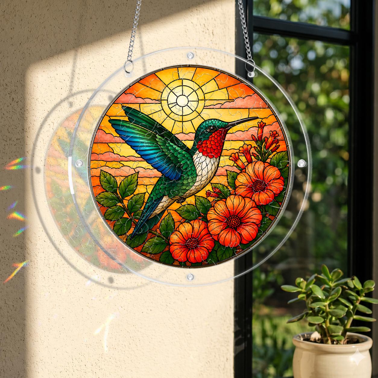 Round stained-glass-style hummingbird floral puzzle suncatcher hanging in natural window light