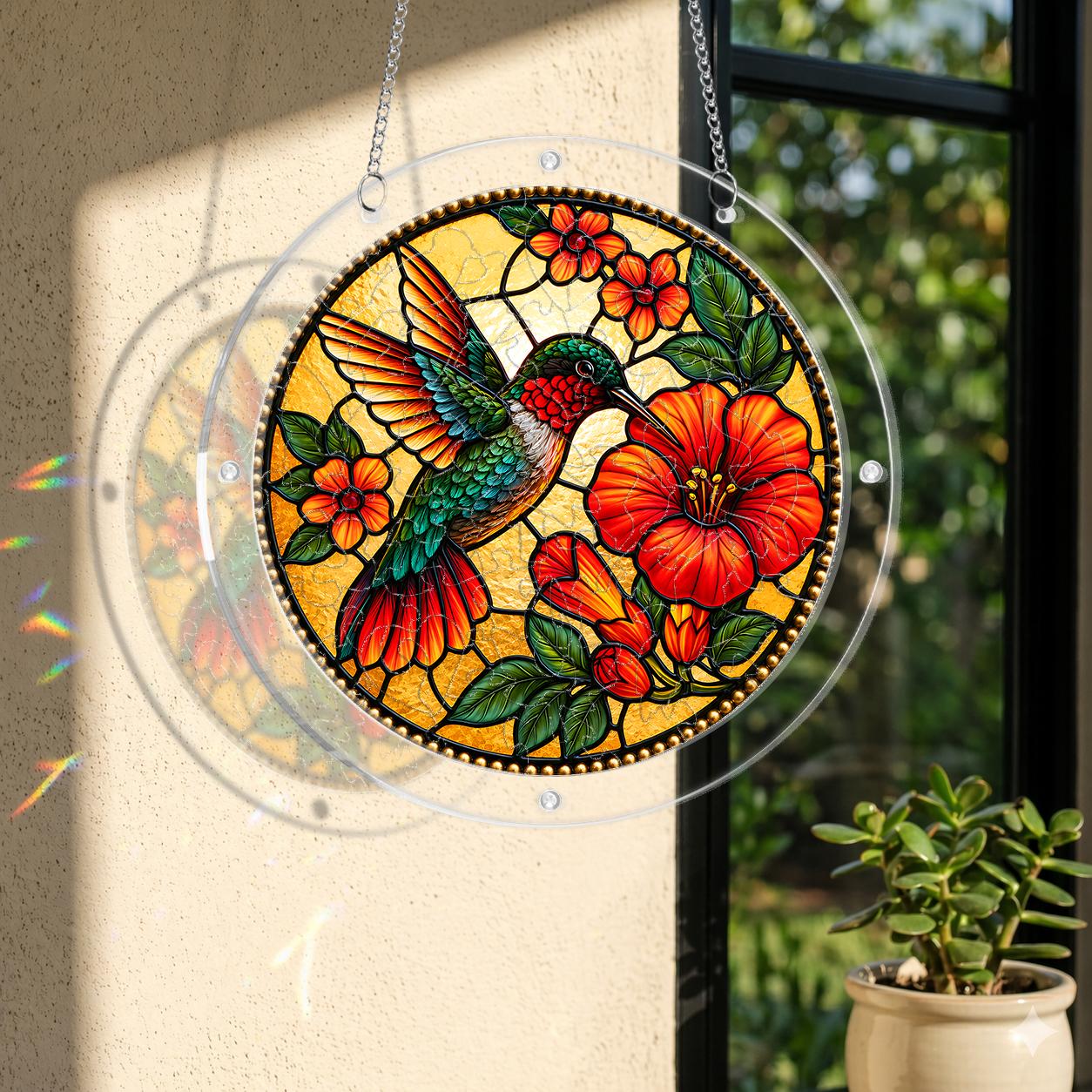 Round stained-glass-style hummingbird and red hibiscus puzzle suncatcher hanging in natural window light