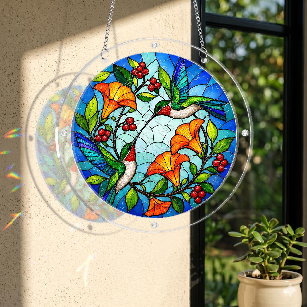 Round stained-glass-style tropical bird floral suncatcher hanging in a sunlit window
