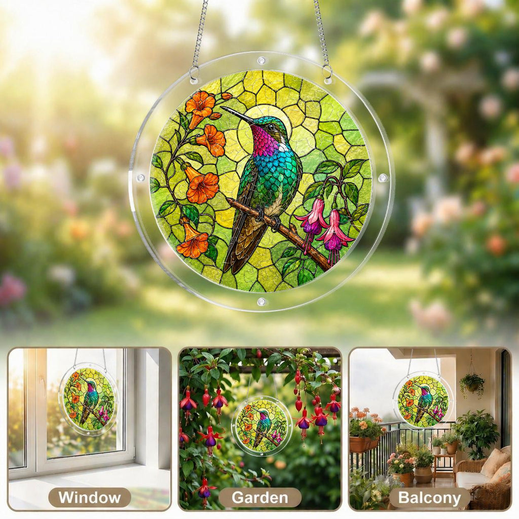 Collage of a hummingbird floral acrylic puzzle suncatcher displayed in bright sunny window settings