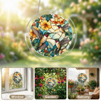 Window display collage of a hummingbird floral acrylic puzzle suncatcher in natural sunlight
