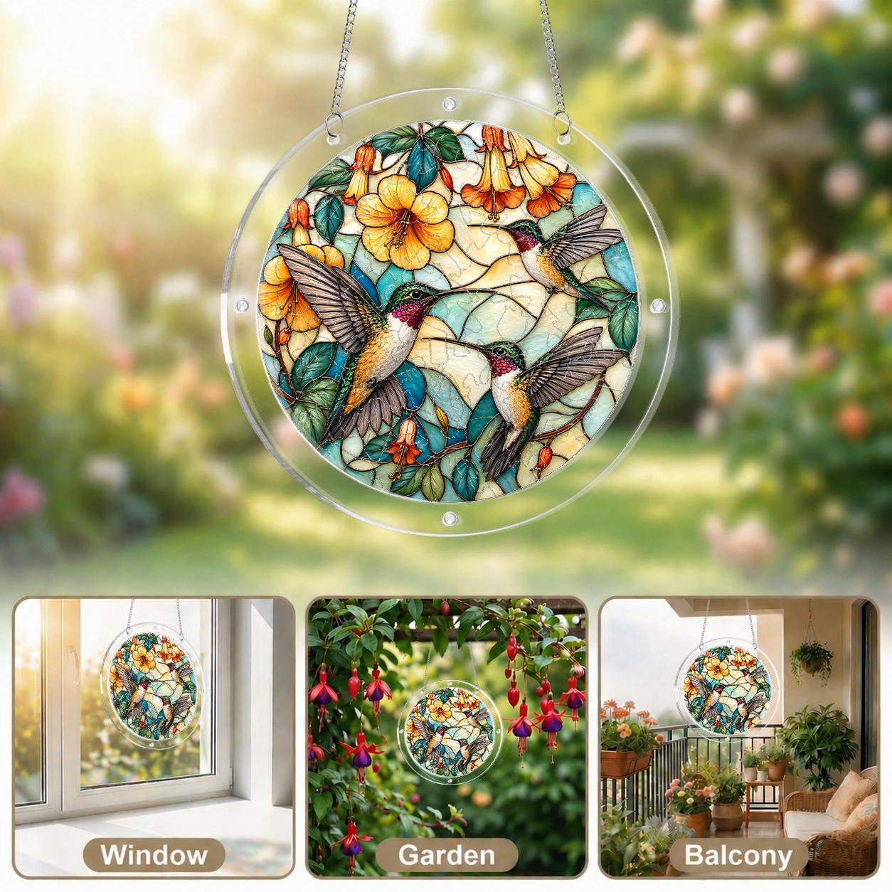 Window display collage of a hummingbird floral acrylic puzzle suncatcher in natural sunlight