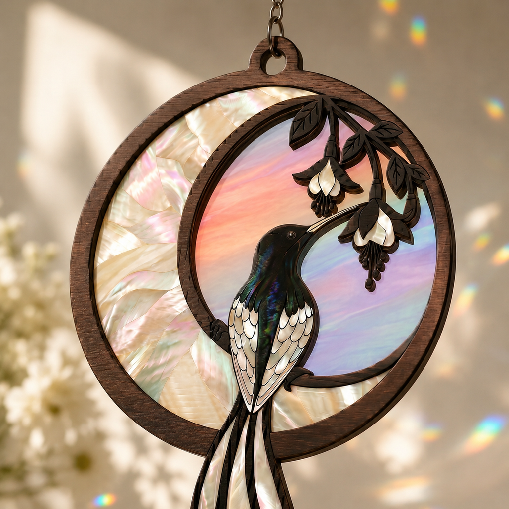 Hanging Hummingbird Crescent Moon suncatcher close-up in a bright, airy living room window, rainbow light reflections on walls, warm sunlight, and subtle indoor decor.