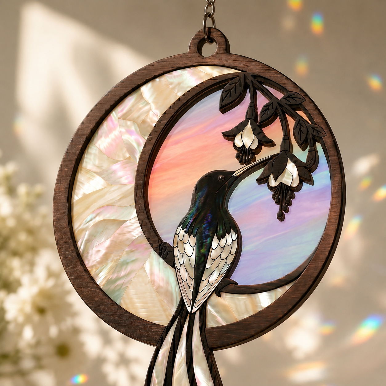 Hanging Hummingbird Crescent Moon suncatcher close-up in a bright, airy living room window, rainbow light reflections on walls, warm sunlight, and subtle indoor decor.