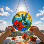 Hummingbird and red poppy puzzle suncatcher held outdoors against a blue sky and bright garden background