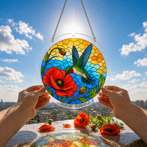Hummingbird and red poppy puzzle suncatcher held outdoors against a blue sky and bright garden background
