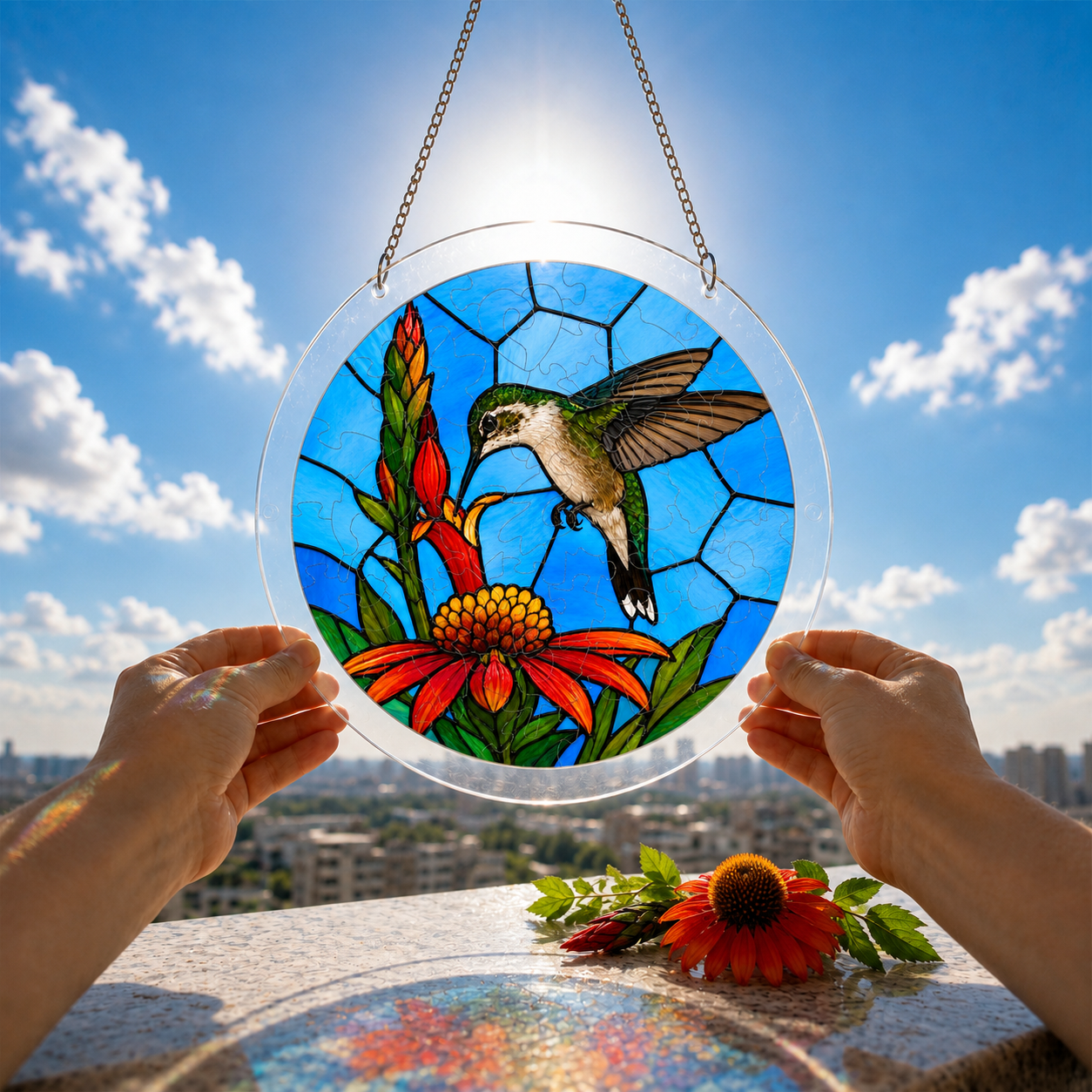 Hummingbird and tropical flower puzzle suncatcher held outdoors against a bright blue sky and garden background
