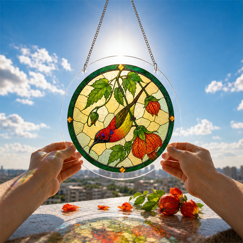 Red songbird autumn puzzle suncatcher held outdoors against a bright blue sky and warm garden background