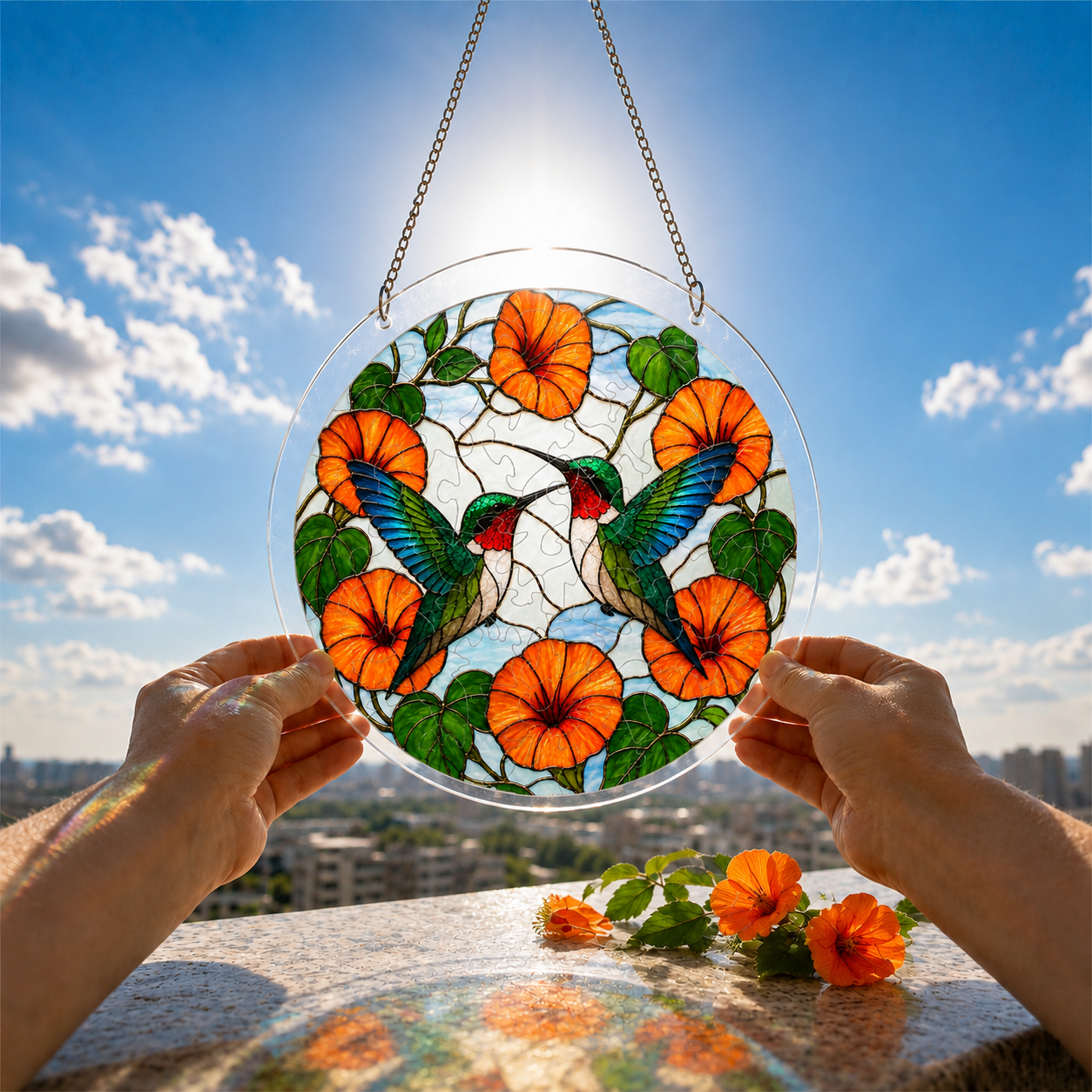 Crane and orange flower puzzle suncatcher held outdoors against a bright blue sky and garden background