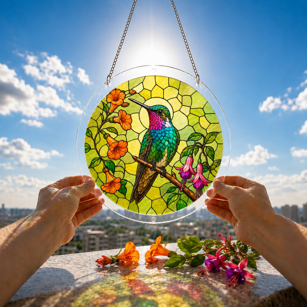 Hummingbird flower puzzle suncatcher held outdoors against a bright blue sky and garden background