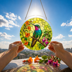 Hummingbird flower puzzle suncatcher held outdoors against a bright blue sky and garden background