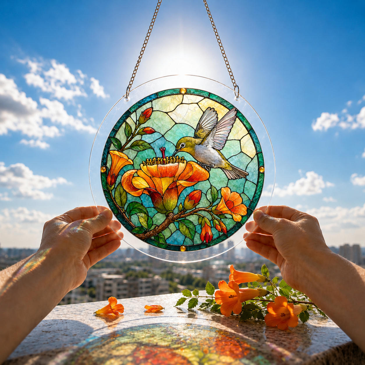 Hummingbird and orange flower puzzle suncatcher held outdoors against a blue sky and bright garden background