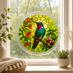 Stained glass panel of a hummingbird and flowers hanging on a window sill with plants and a blanket.