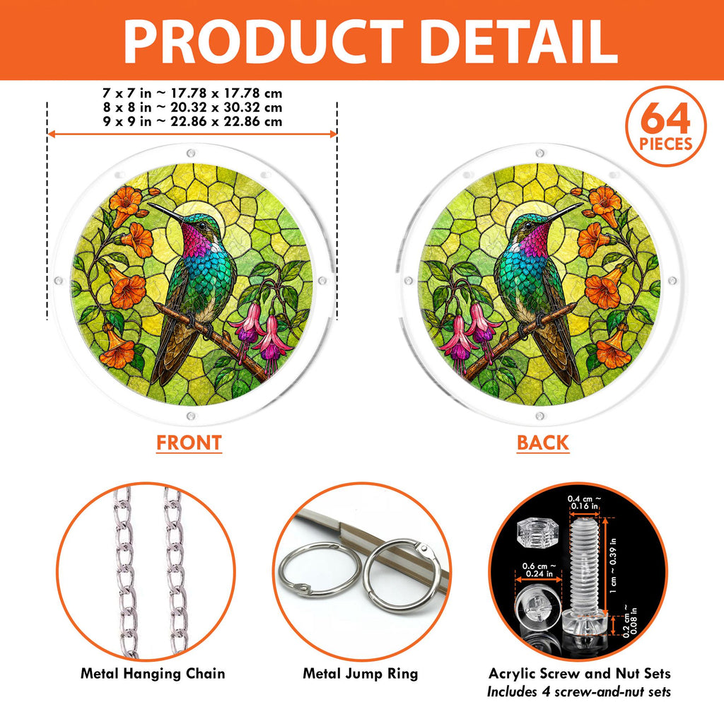 Product detail image showing front and back views of a hummingbird floral acrylic puzzle suncatcher