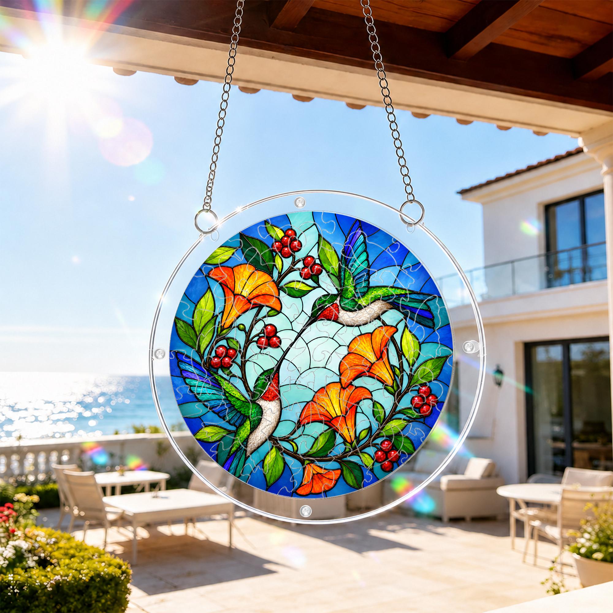 Hummingbird flower acrylic puzzle suncatcher hanging on an outdoor patio window with a bright balcony view