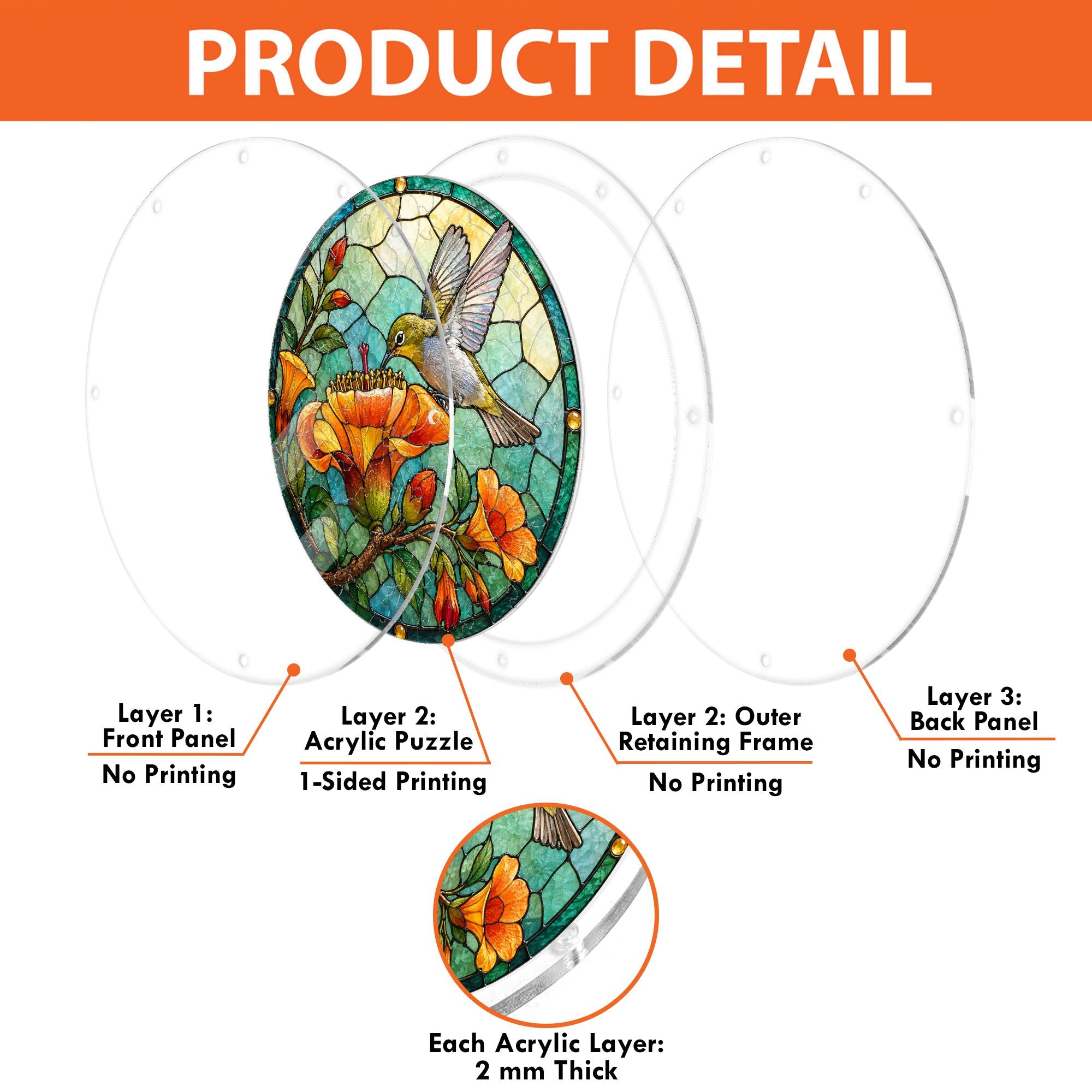 Product detail graphic showing the layered hummingbird floral acrylic puzzle suncatcher and hanging hardware
