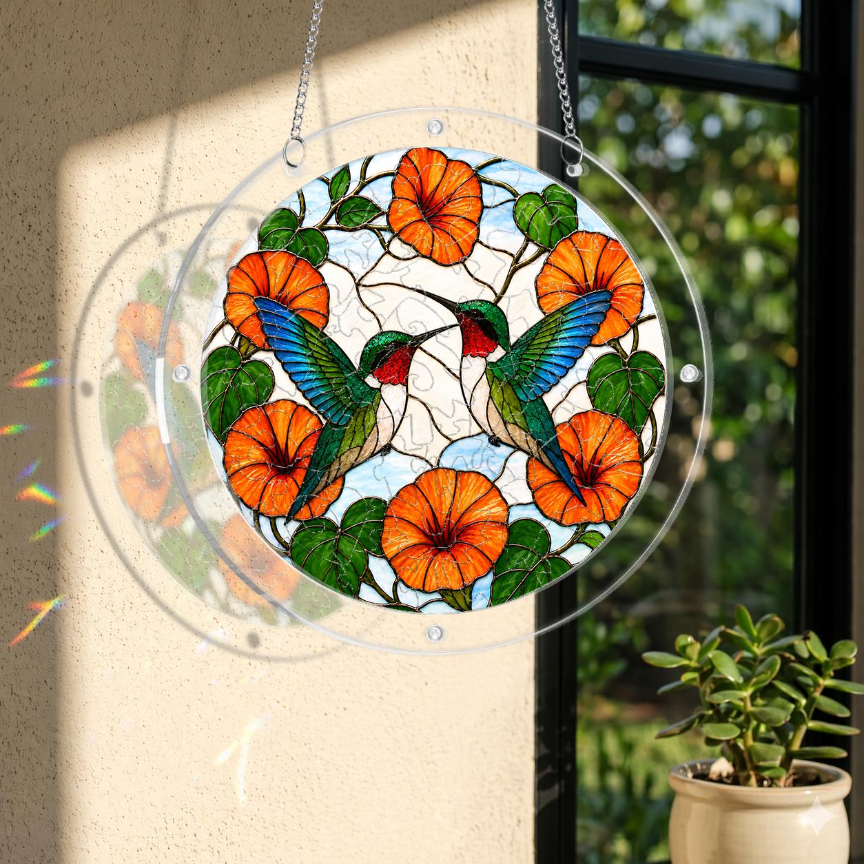 Hands assembling a round crane floral acrylic jigsaw puzzle suncatcher with colorful interlocking pieces