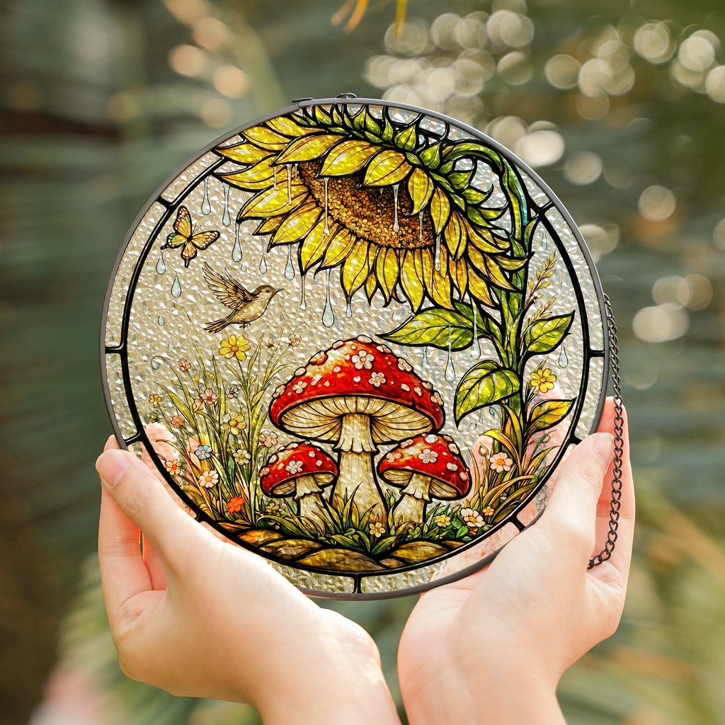 Sunflower Mushroom Stained Glass Suncatcher