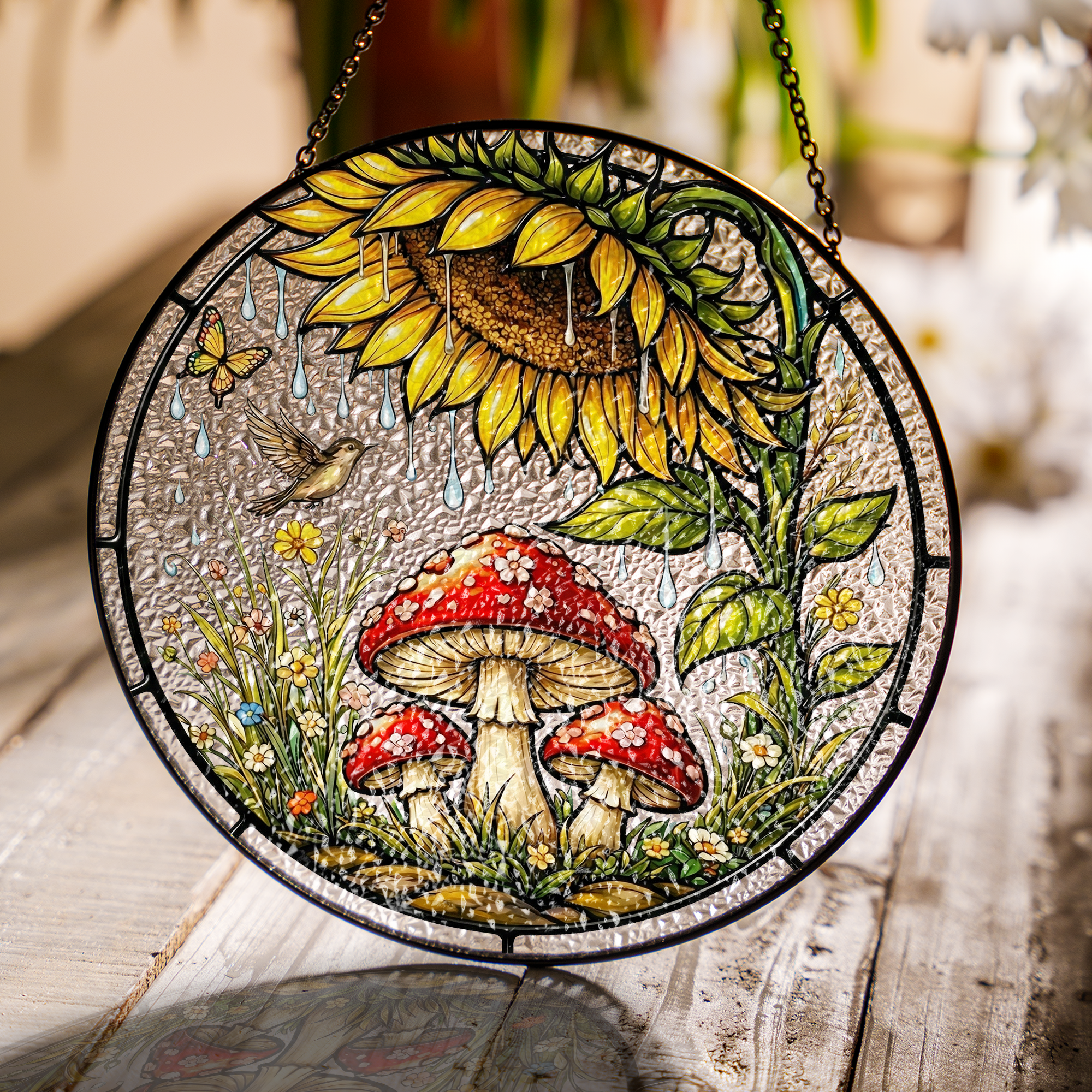Sunflower Mushroom Stained Glass Suncatcher