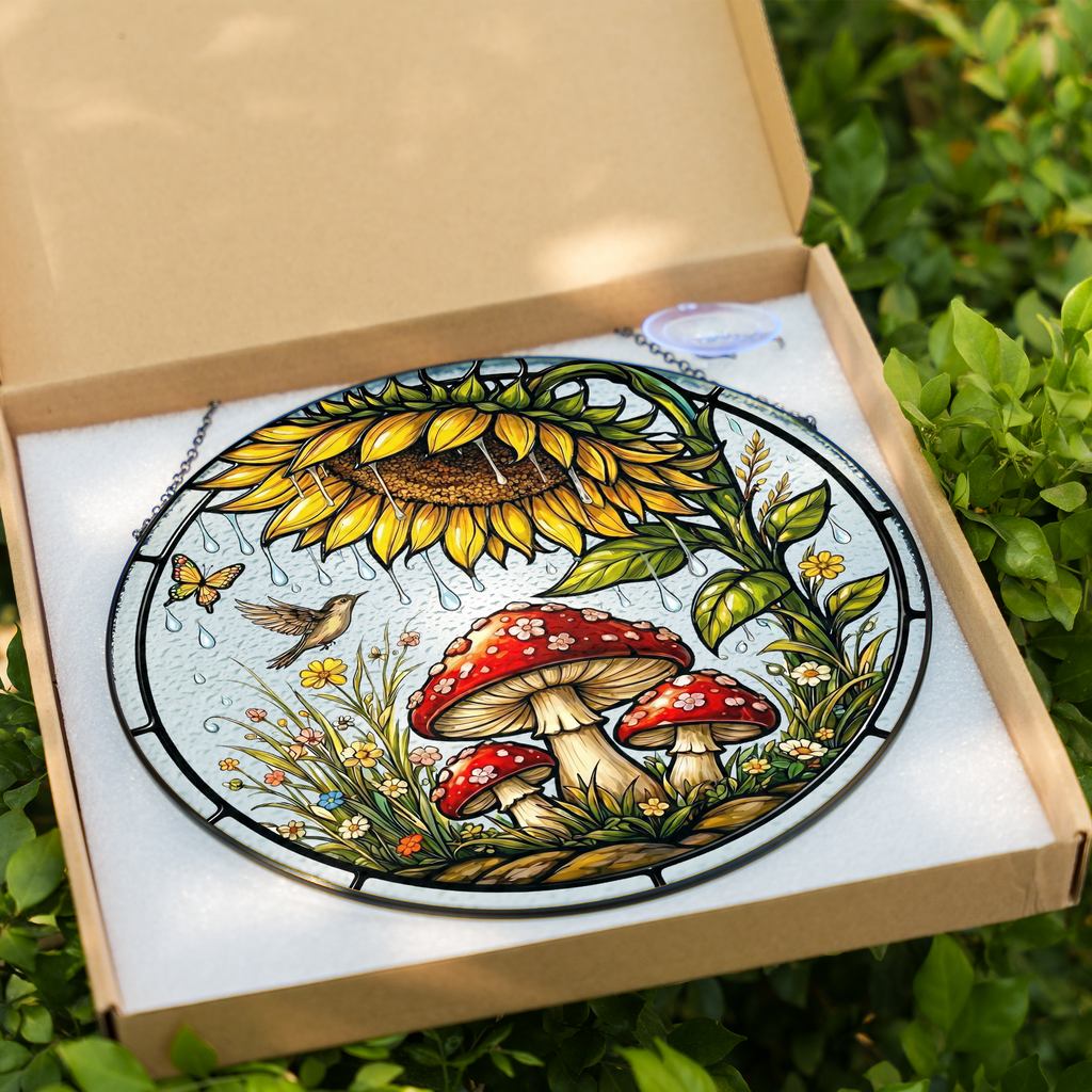 Sunflower Mushroom Stained Glass Suncatcher
