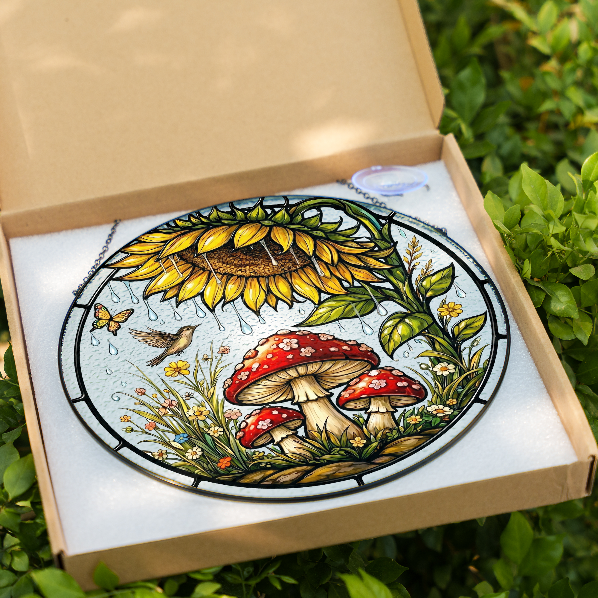 Sunflower Mushroom Stained Glass Suncatcher