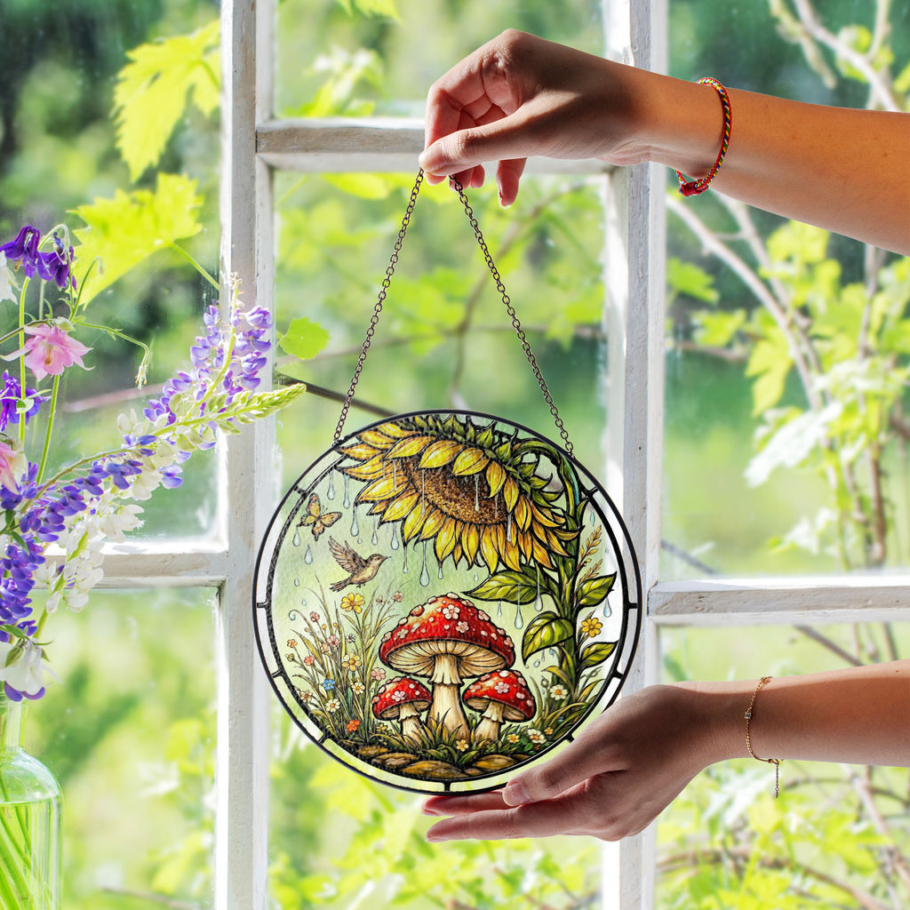 Sunflower Mushroom Stained Glass Suncatcher