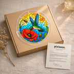 Hummingbird poppy acrylic puzzle suncatcher in a kraft gift box with instruction card and packaging presentation