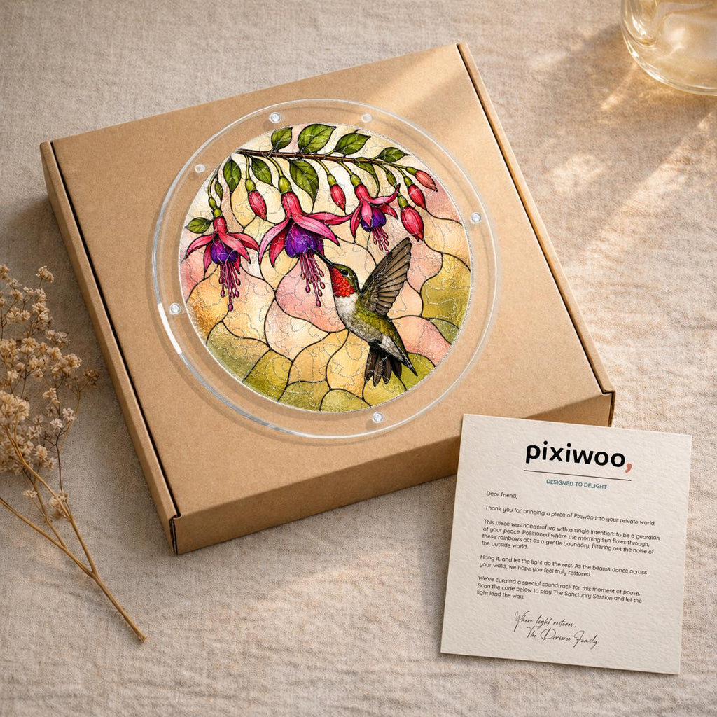 Hummingbird fuchsia acrylic puzzle suncatcher packed in a kraft gift box with instruction card and puzzle pieces