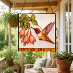 Hummingbird fuchsia stained glass suncatcher hanging on a covered patio or porch, styled with warm sunlight and potted greenery.