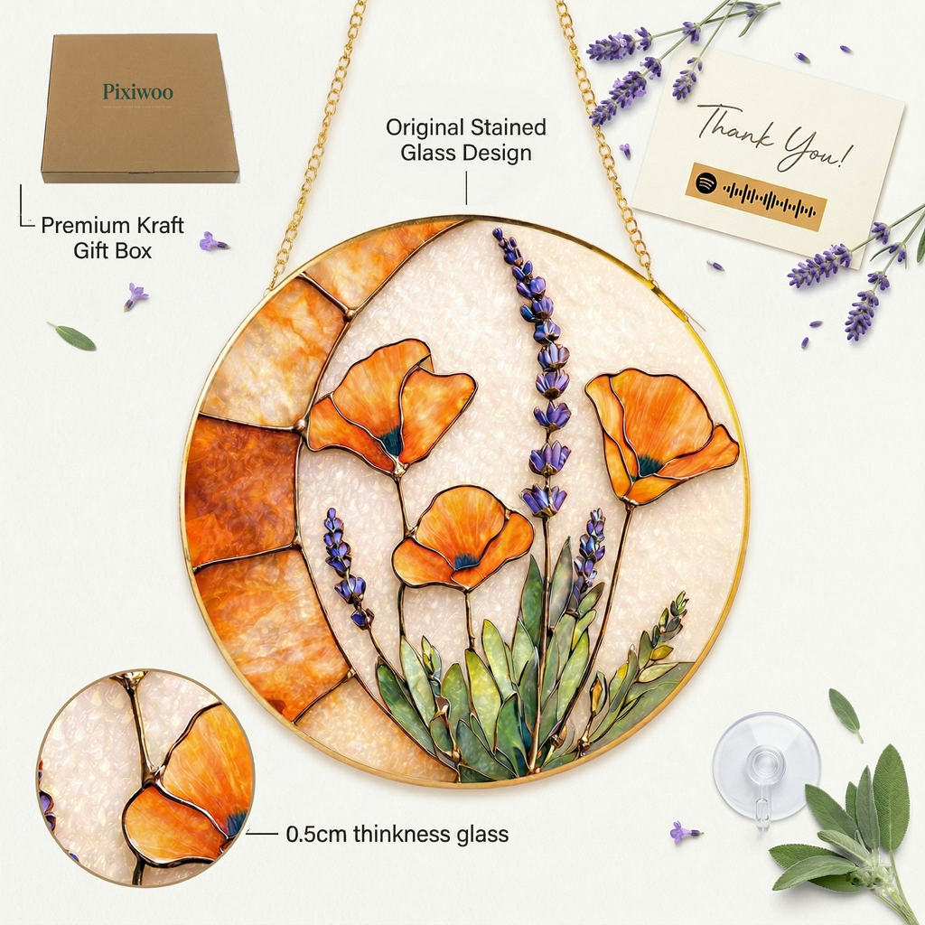 Crescent Moon Wildflower Stained Glass Suncatcher - Fire & Bloom