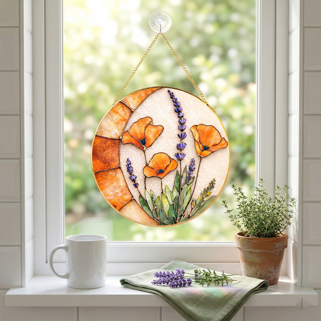 Crescent Moon Wildflower Stained Glass Suncatcher - Fire & Bloom