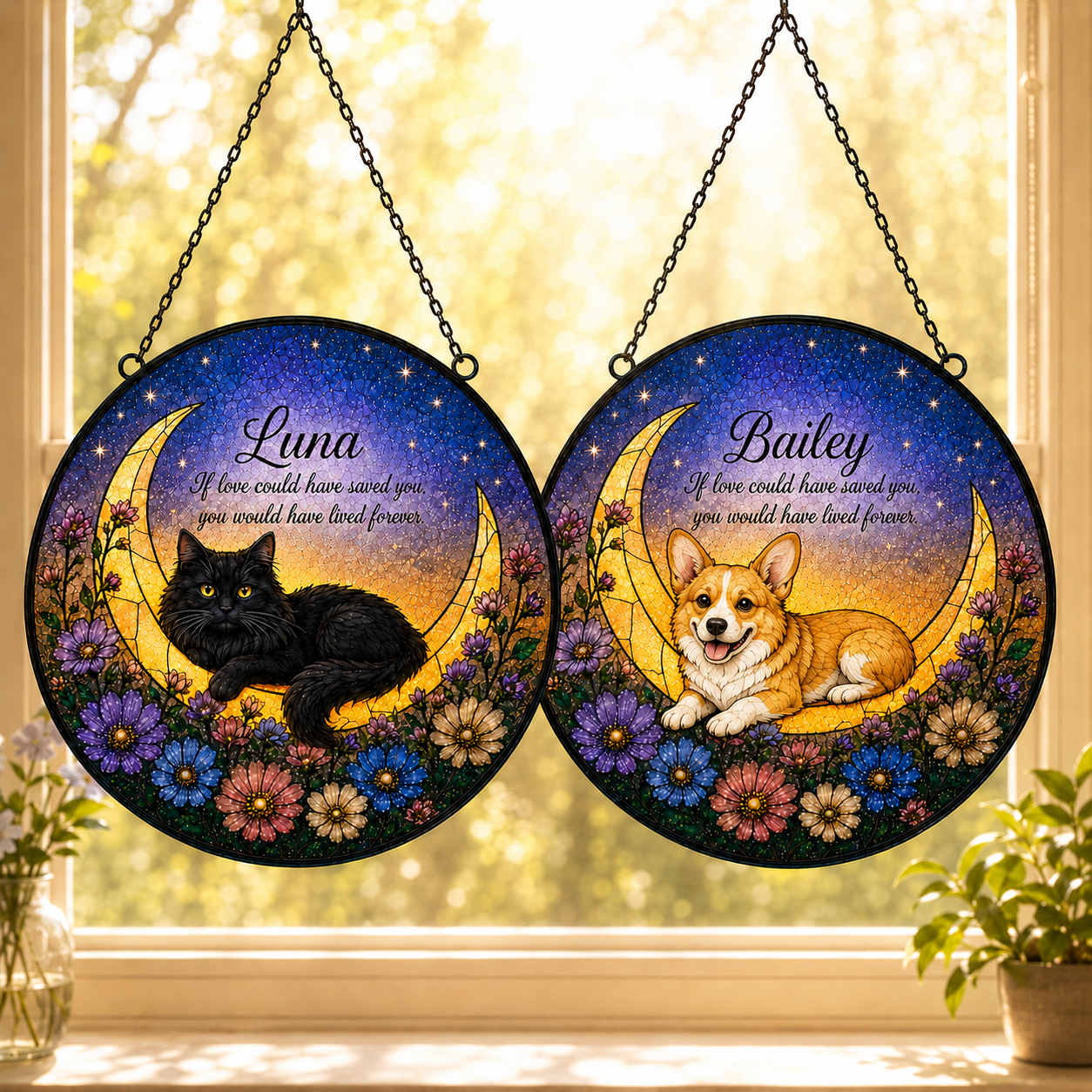 Personalized cat and dog moon memorial glass suncatchers hanging by a sunny window, featuring a black cat and corgi resting on crescent moons with flowers and starry sky artwork.