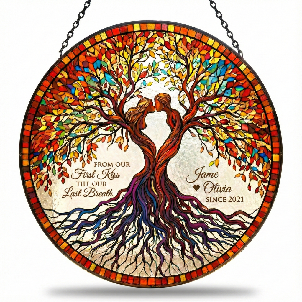 Personalized Tree of Life Stained Glass Suncatcher for Couple, Custom Name and Year